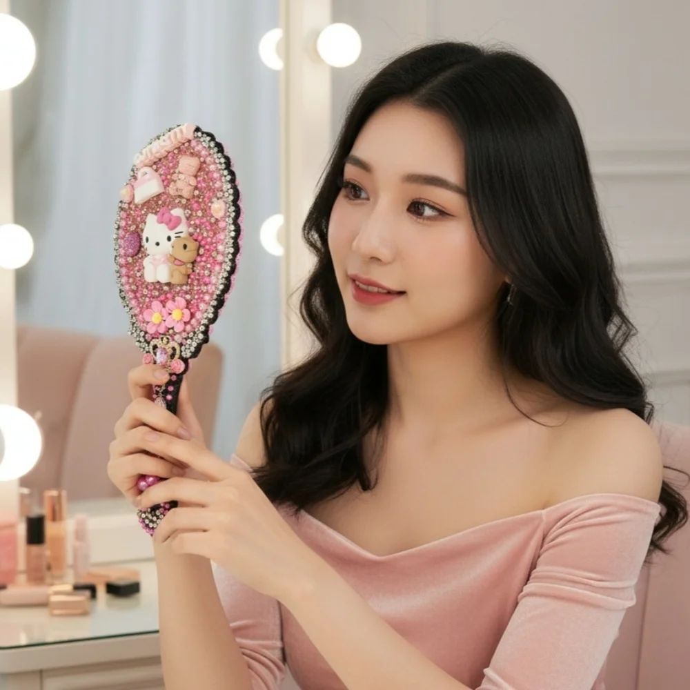 Hello Kitty Handheld Beauty Makeup Mirror Embellished Pink